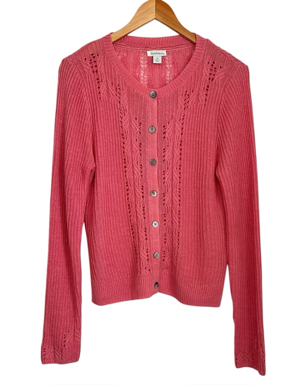 Sundance Womens Linen Knit Button Up Cardigan Sweater Sz Medium Pink Cottagecore